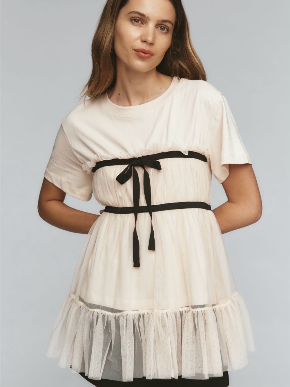 Antropologie Women’s Cream Tulle Overlay Dress with Black Ribbon